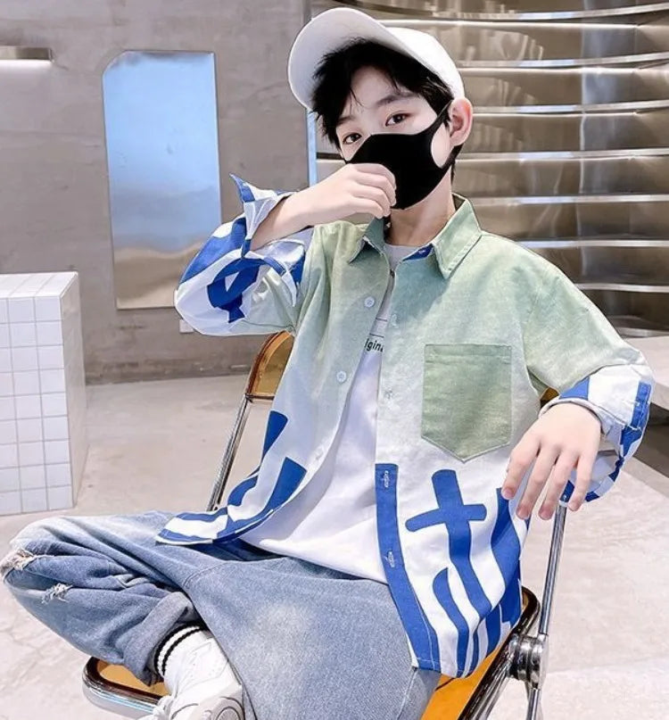 2025 Trendy Tween Boys Gradient Shirt Spring Autumn Summer Kids Clothing Hot Sale Unique Fashion Design