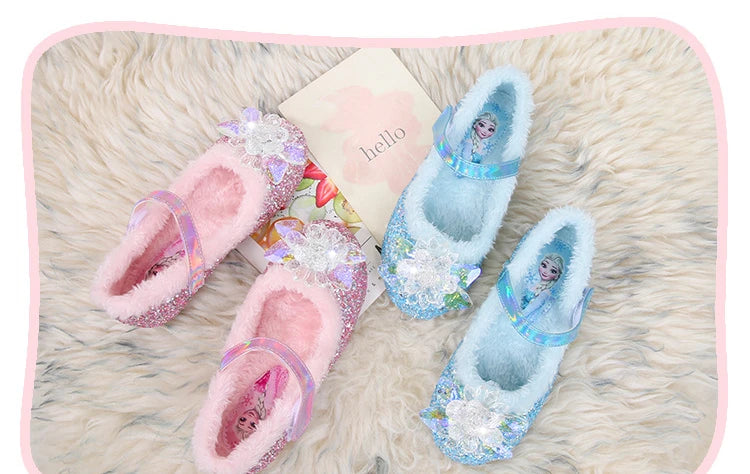 Disney Girls' Plush Slippers Frozen Cute Children's Princess Elsa Winter Cotton Slippers Baby Snow Home Pink Blue Shoes Size 23