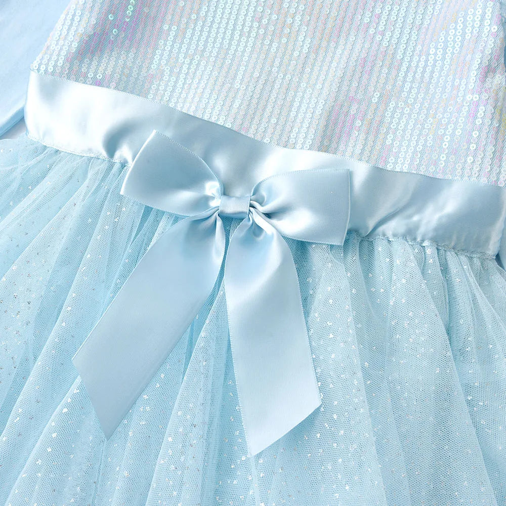 Girls Sparkly Light Blue Long Sleeve Autumn Spring Dress Toddlers Sequins Glittery Irregular Layered Tutu Princess Party Dresses