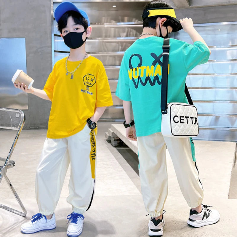 4-12 Years Teen Summer Boys Clothing Sets Fashion Letter Short Sleeve T-shirt Pants 2Pcs Suit For Kids Children Casual Outfits
