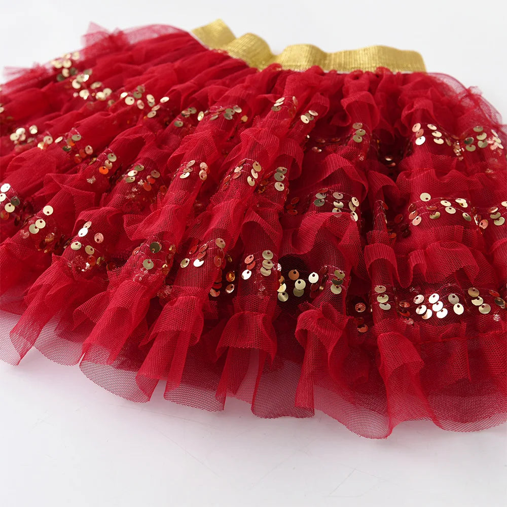 VIKITA Kids New Year Christmas Festival Red Sequined Skirts Girls Layered Mesh Tulle Tutu Cake Princess Mini Skirts Kids Clothes