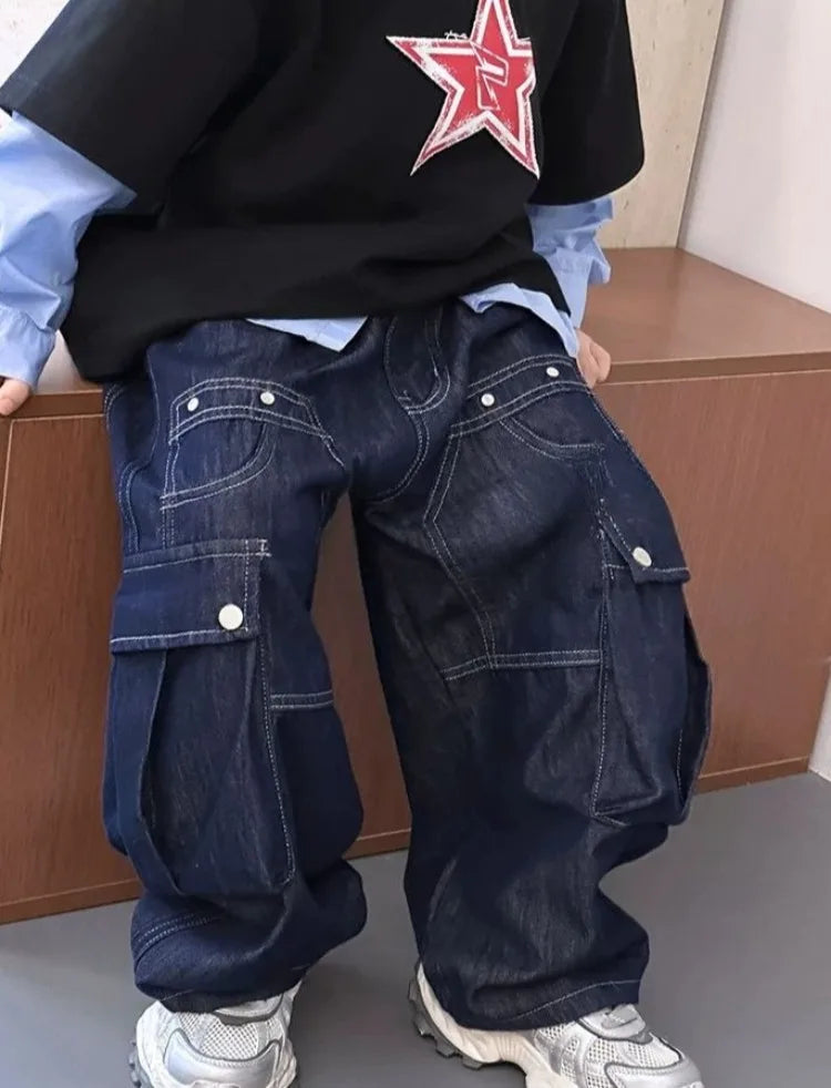 2025 New Boys' Solid Color Jeans - Loose Fit Straight Leg Kids' Long Pants with Pockets, Trendy & Stylish Denim for Active Boys