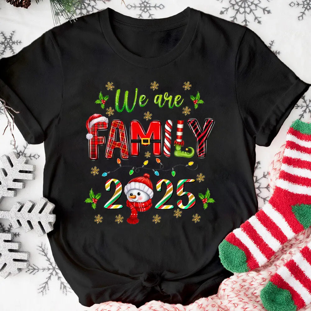 Family Christmas 2025 Matching Clothes Mom Dad Kids T-shirt Infant Baby Romper Deer Face Print Children Tees Xmas Gift for Party