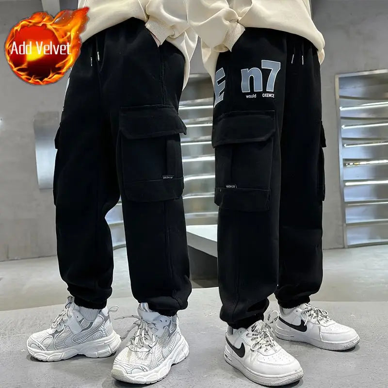 Boys Cargo Pants Spring Autumn Fleece-Lined Kids Casual Loose Long Pants Stylish Warmth Outdoor Playwear