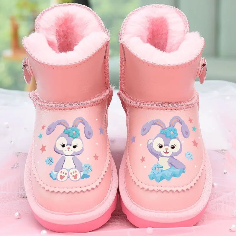 Disney Girls' Snow Boots Genuine Leather StellaLou Cartoon Waterproof Winter Children's Shoes Baby Girls' Thickened Ankle Boots