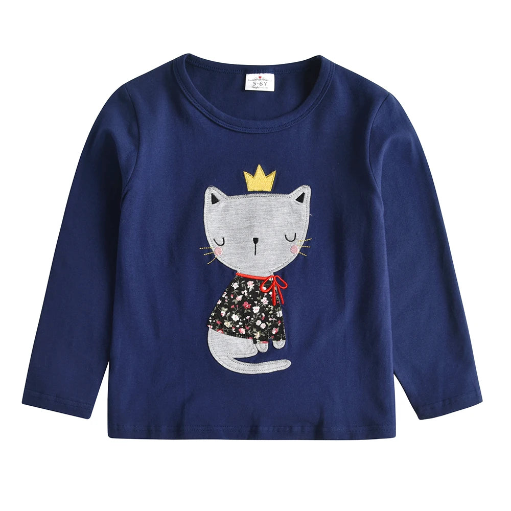 DXTON Spring Autumn Girls Tops Long Sleeve Kids Cotton T-shirts Cat Print Applique Children Casual Tees School Home Kids Wear