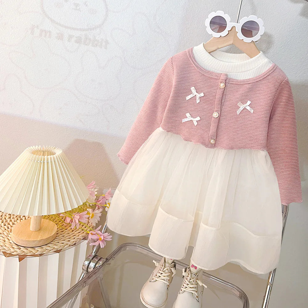 Spring And Autumn New Sweet Bow Baby Girl Dress, Princess Style Children'S Long Sleeved Clothes For Babies Aged 0-3 Years Old