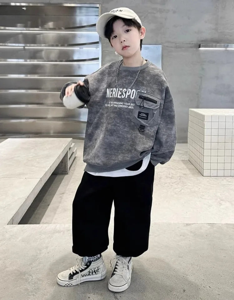 Boys' Middle/Big Kids 2025 New Spring/Autumn Long Sleeve Korean Style Edgy Loose Fit Sweatshirt Tops