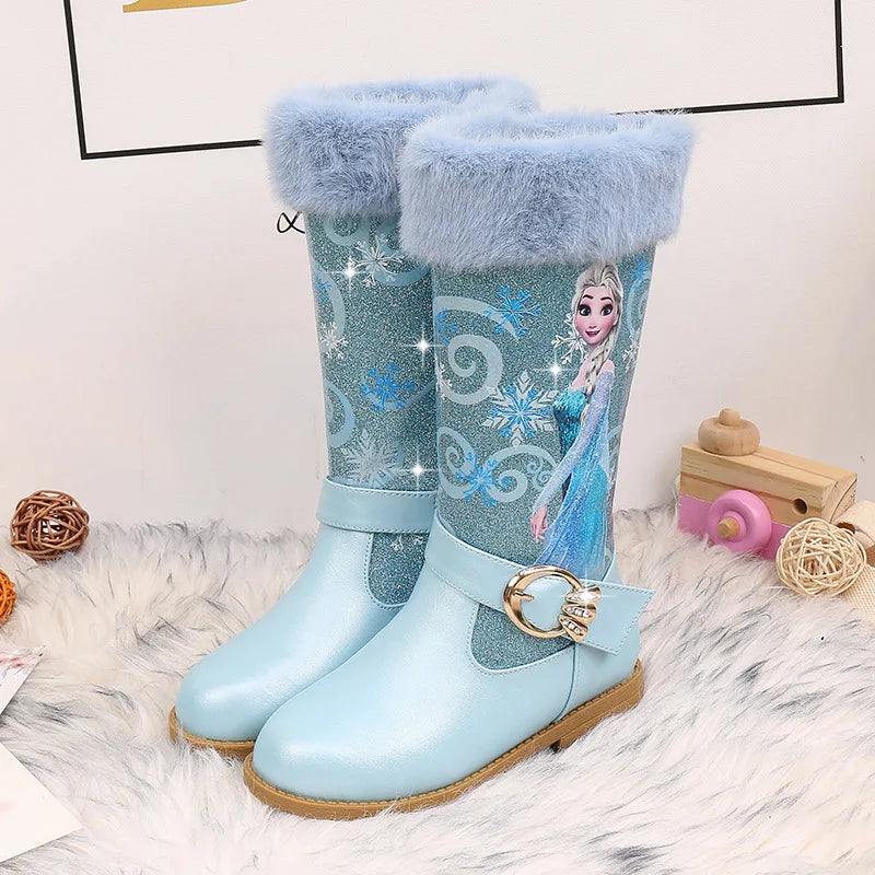 Disney Girls' Leather Boots Winter Cartoon Frozen Boots Zipper High Plush Princess Elsa Boots Warm Children's Boots Size 25-36