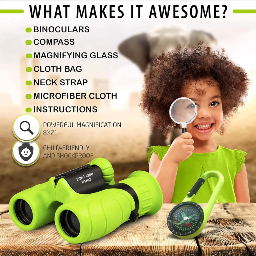 8X Binoculars for Kids Magnifying Glass & Compass Set Telescope Toy for Baby Boys & Girls Kids Binoculars Gifts for Boys Girls