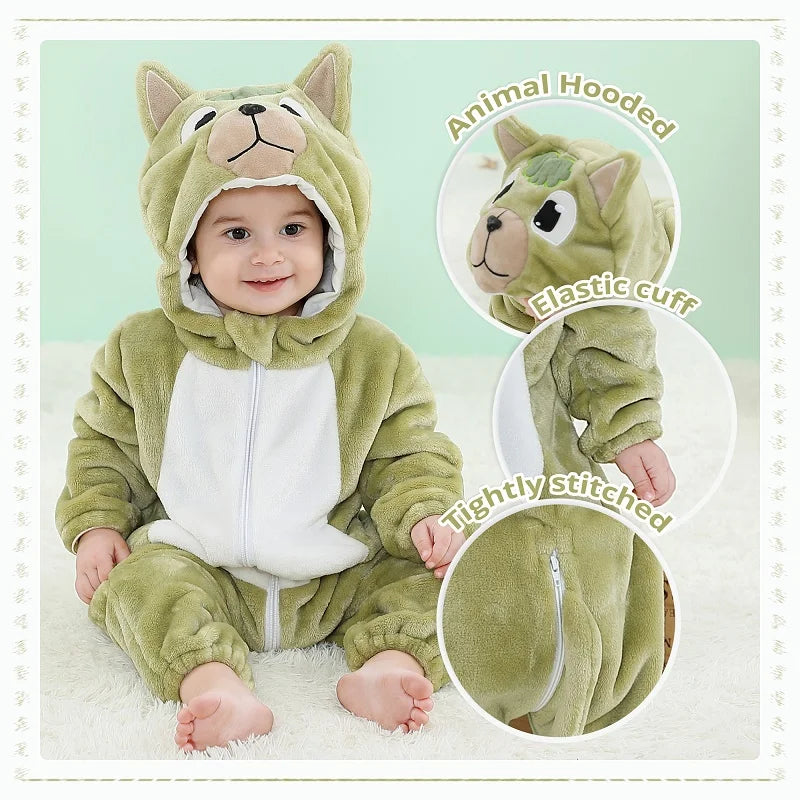 MICHLEY Halloween Costume Infant Baby Clothes Rompers Winter Flannel Hooded Bodysuits Pajamas Animals Overall Jumpsuit For Bebe