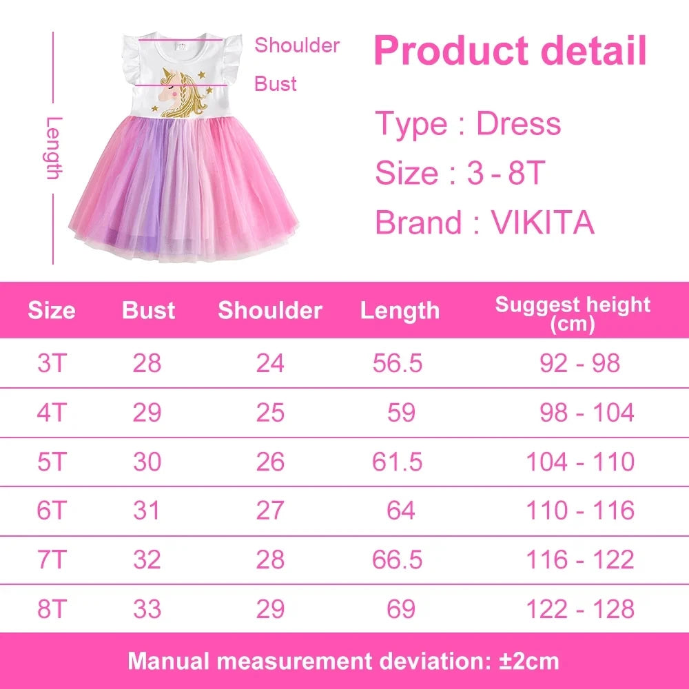 VIKITA Girls Flare Sleeve Summer Vestidos Girls Licorne Print Cartoon Patchwork Dress Girl Party Princess Cute Mesh Tulle Dress