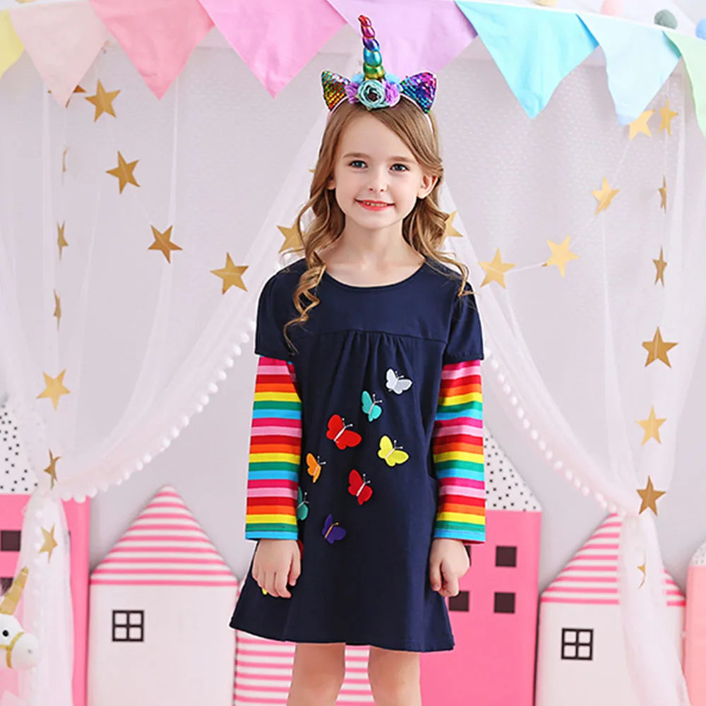 VIKITA Children Rainbow Striped Dress Girls Sequined Unicorn Dresses Kids Autumn Dress with Pockets Girl Cotton Vestidos 3-12Yrs