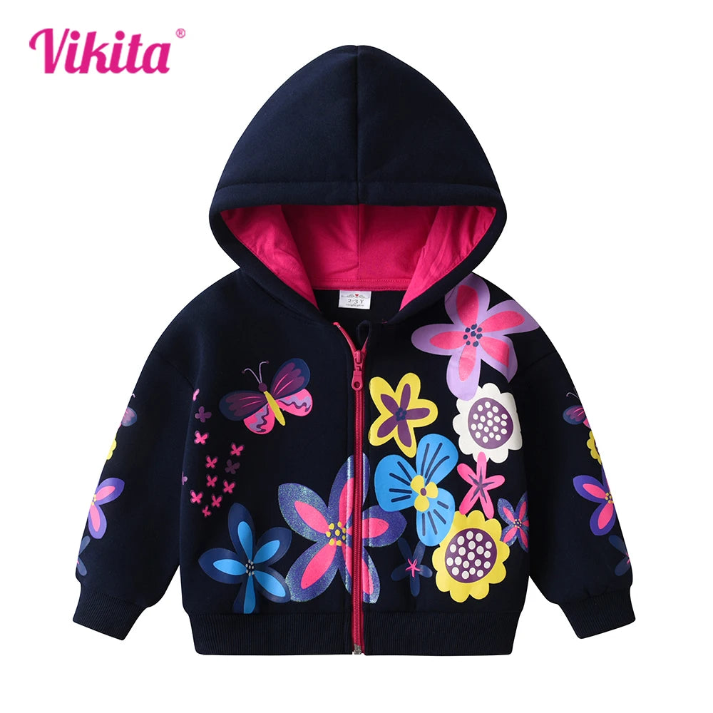VIKITA Girls Autumn Winter Jacket Children Hooded Coats Girls Floral Print Zipper Outerwear Kids Cotton Casual Sports Jackets