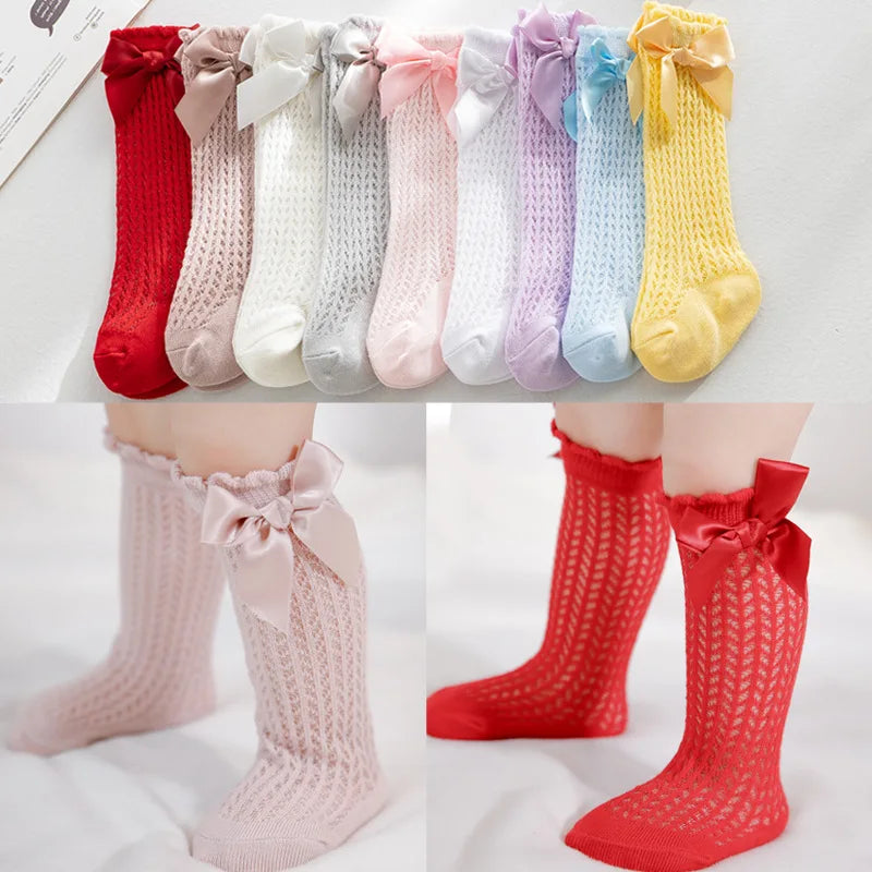 Limit quantity 0-2Y Children Girls Royal Style Bow Knee High Fishnet Socks Baby Toddler Bowknot Socks Kid Hollow Out Sock Sox