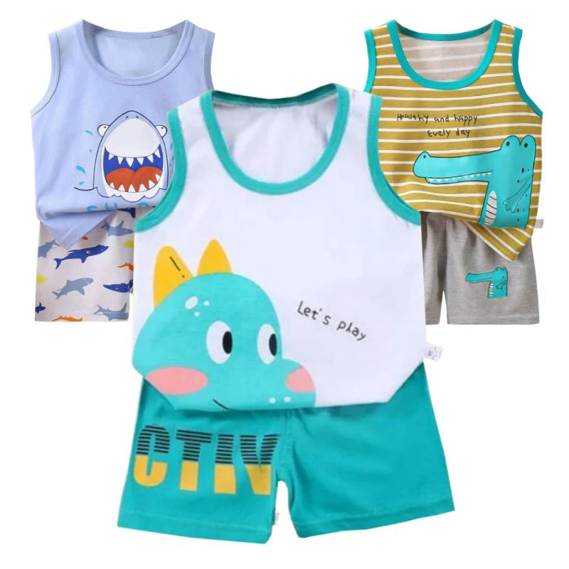 1-6 Y Kids Baby Boys Vest+Shorts 2-Piece Clothing Set Cartoon Printing Summer Girls Cotton Tracksuit Sports Casual Clothes Suit