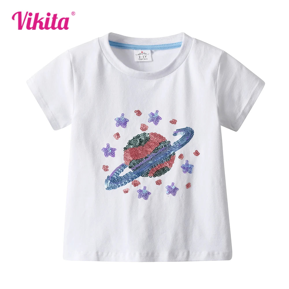 VIKITA Kids Short Sleeve Summer White T Shirts Girls Cosmos Star Sequins Appliqued Cotton Casual Tops and Tees Children Clothing