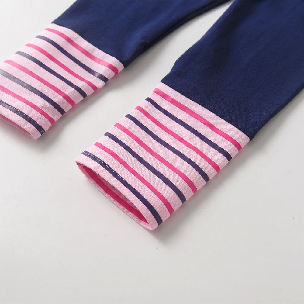 VIKITA 2025 Kinderkleidungsset für Mädchen, 2-teilig: Langarm-Baumwoll-T-Shirt mit Blumen-, Einhorn- und Schmetterlingsmotiv und passende schmal geschnittene Bleistifthose.