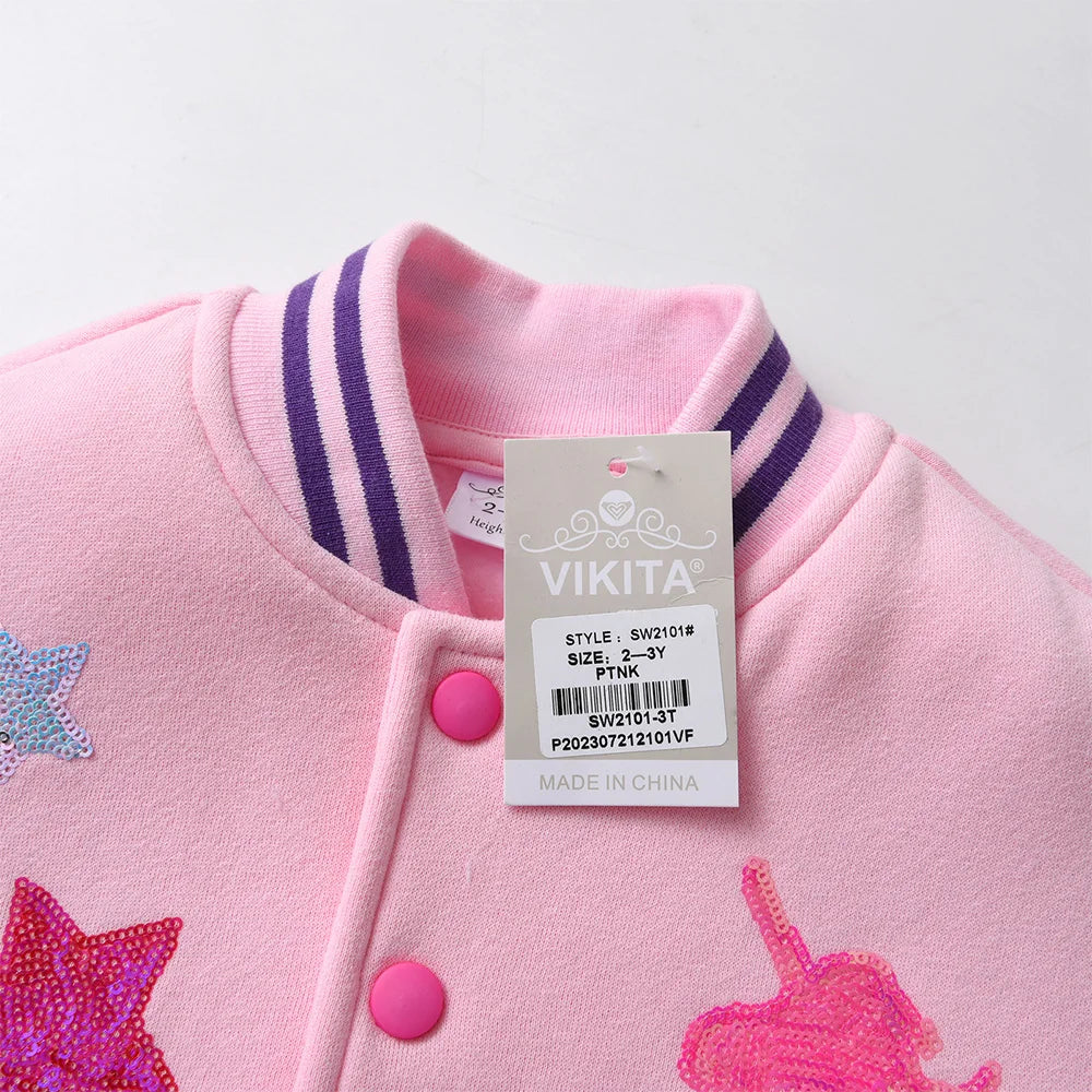 VIKITA Girls Baseball Jacket Teenagers Sports Casual Outerwear Autumn Winter Unicorn Star Sequins Appliqued Thick Warm Jackets