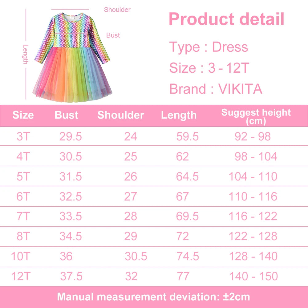 VIKITA Girls Performance Birthday Prom Gown Party Princess Dress Kids Colorful Sequins Shiny Dresses Girls Long Sleeve Dresses
