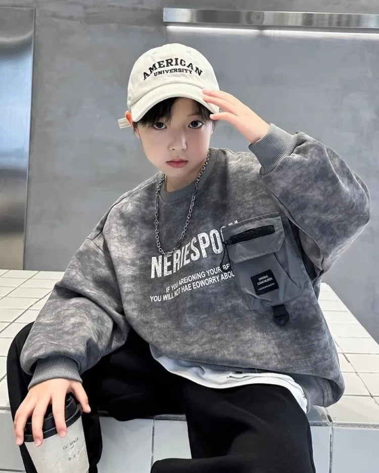 Boys' Middle/Big Kids 2025 New Spring/Autumn Long Sleeve Korean Style Edgy Loose Fit Sweatshirt Tops