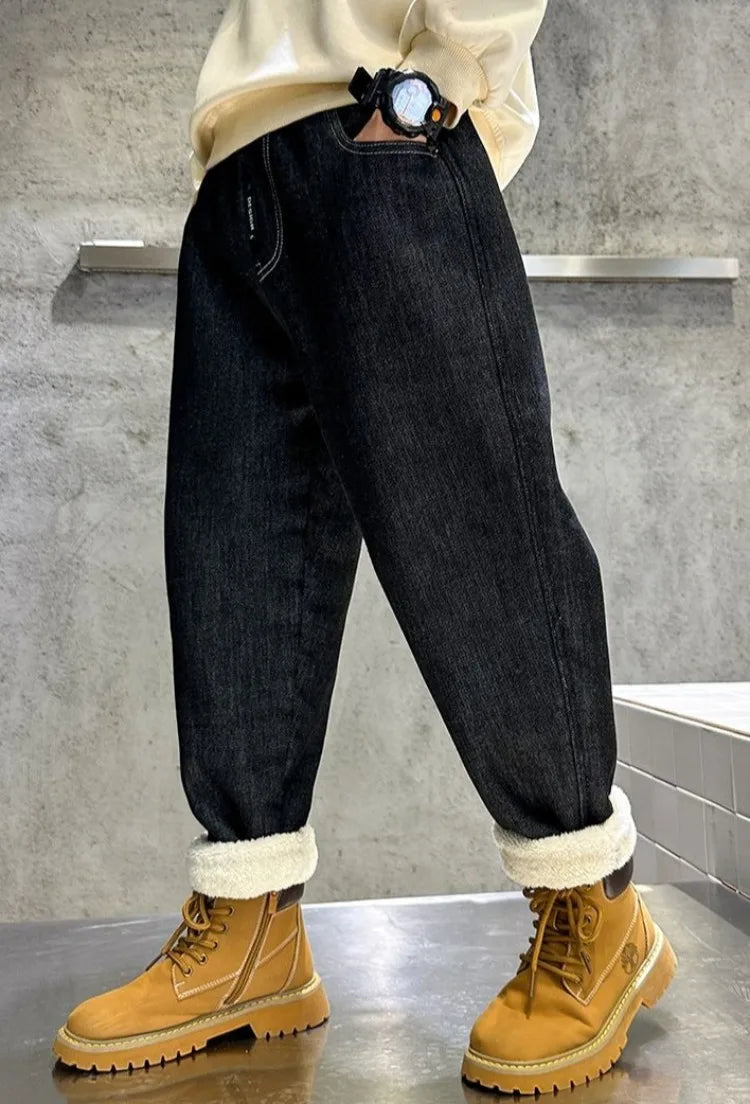 Boys Fleece-Lined Jeans Thermal Winter Pants Thickened Full-Body Cashmere Long Pants for Toddler Boys Outdoor Winter Clothing