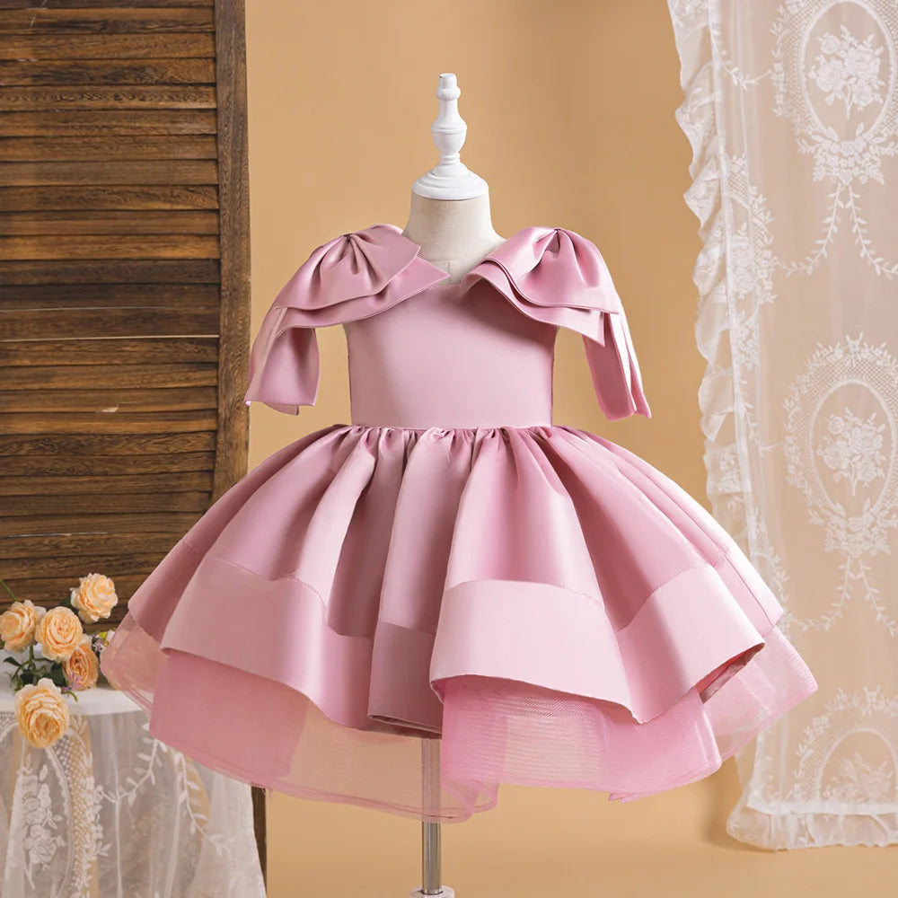 Elegant Pink Bow Girls Party Princess Dress Formal Wedding Bridesmaid Birthday Prom Dresess for Girl Gala Christmas Kids Clothes