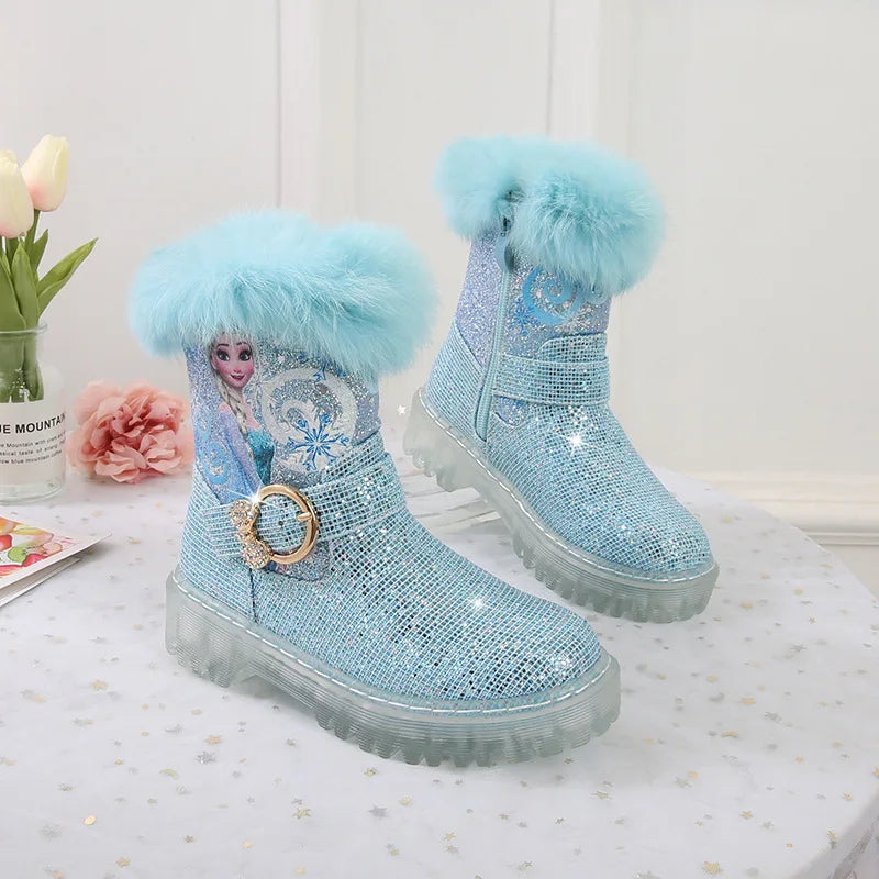 Disney Girls' Boots Winter Fashion Frozen Elsa Princess Boots Children's Short Girls' Cotton Fur Ankle Boots Girls' Pink Shoes