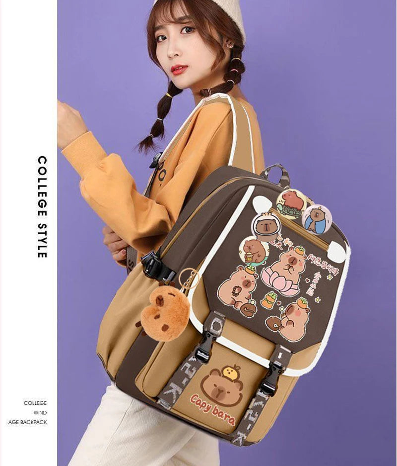 Kawaii Capybara Stylish Khaki Kid Backpack School Bag Casual Daypack Teens Boy Girl Shoulder Bag Children Schoolbag Backpack ﻿