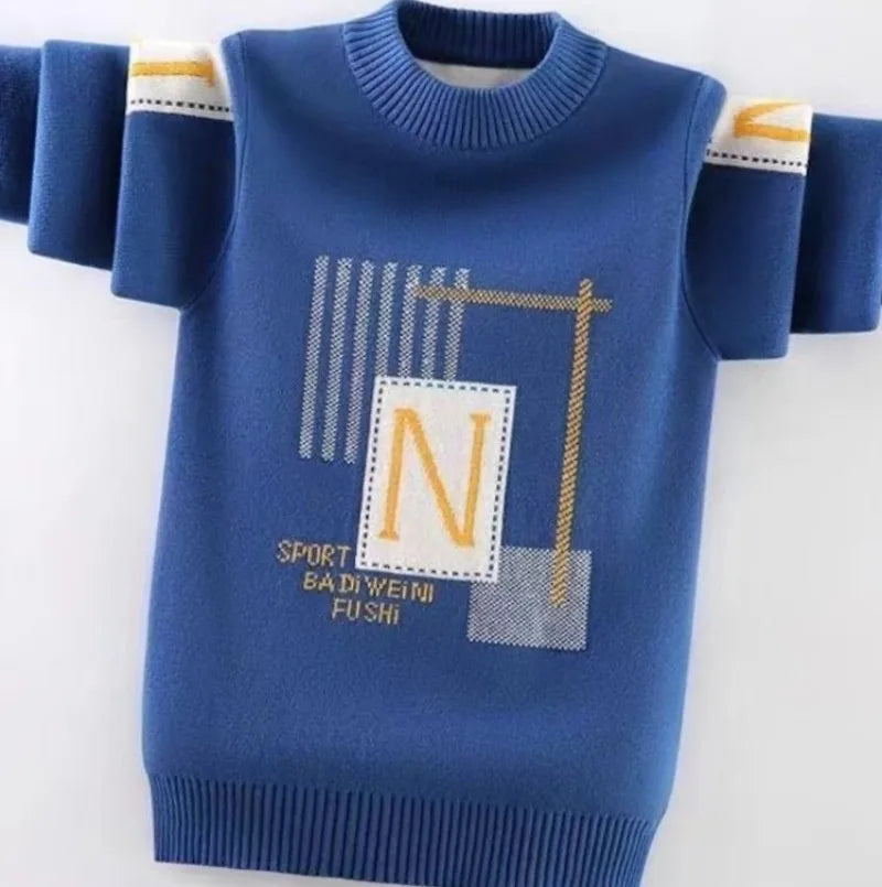 Autumn Winter Boys' Fleece-Lined Thickened Knitwear Pullover Sweater Base Layer for Boys Medium-Large Size Fashionable Knitwear