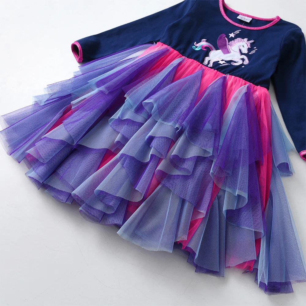 VIKITA Girls Multicolor Tulle Dress Kids Licorne Print Long Sleeve Irregular Tutu Dress for Autumn Teenagers Party Prom Gown