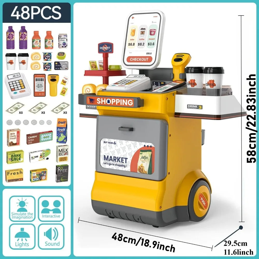 Cash Register Playset for Kids Pretend Play Shopping Money Calculator Scanner Credit Card Play Food for Boys Girls Birthday Gift