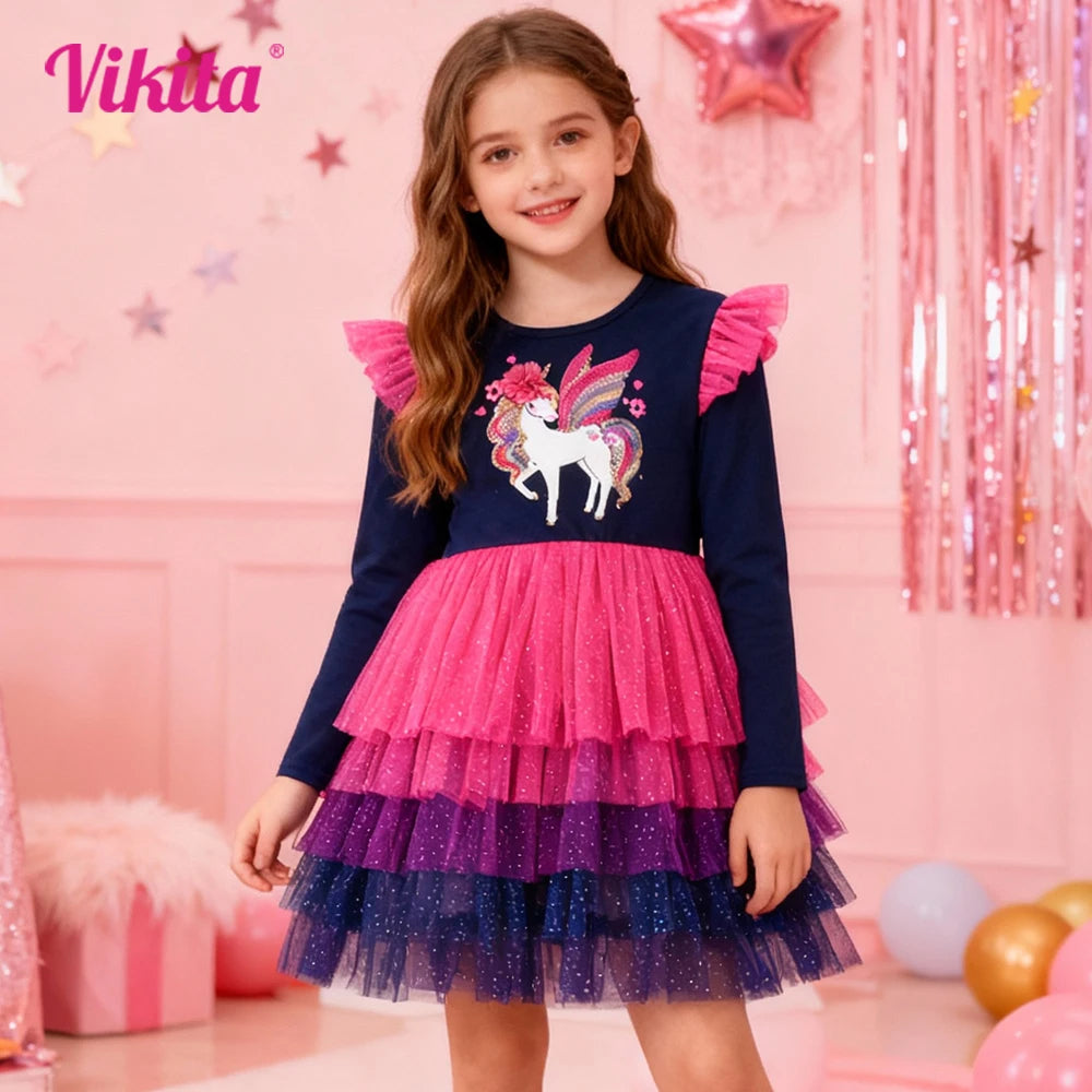 VIKITA Girls Gradient Autumn Dress Kids Licorne Sequined Appliqued Performance Mesh Tulle Prom Gown Girls Princess Cake Dresses