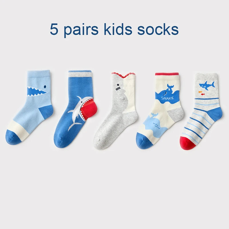 Beibi 5-Pair Pack Girls' Mid-Calf Socks Big Mouth Shark Design All-Season Use Suitable for Children 4 Years and Up
