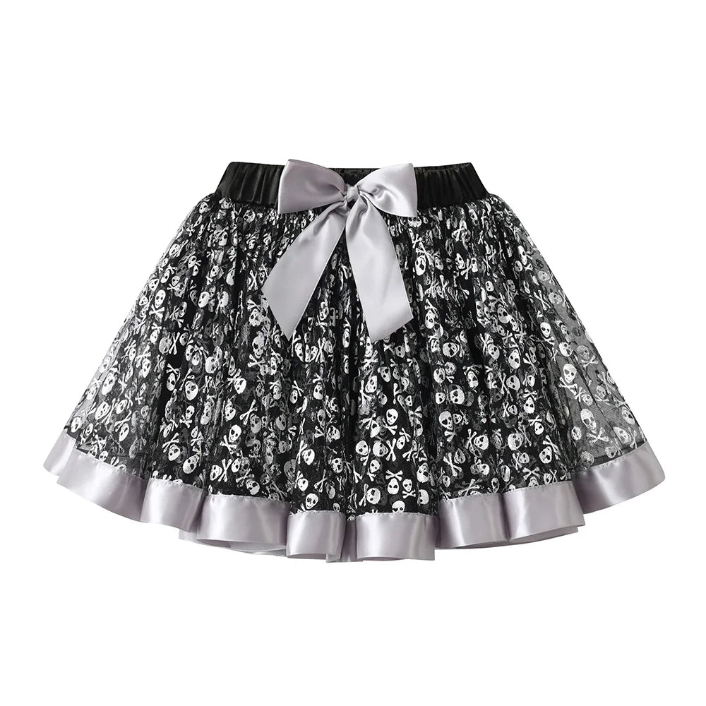 VIKITA Girls Skull Print Festival Tull Lace Tutu Skirt with Bow Knot Ruffled Skirt for Halloween Party Wear Fashion Costumes