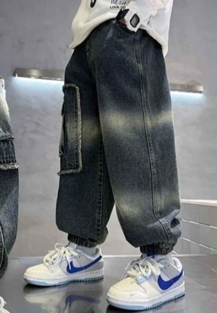 2025 Boys' Cargo Pants All-Season Washed Tie-Dye Denim Long Pants Trendy Casual Style