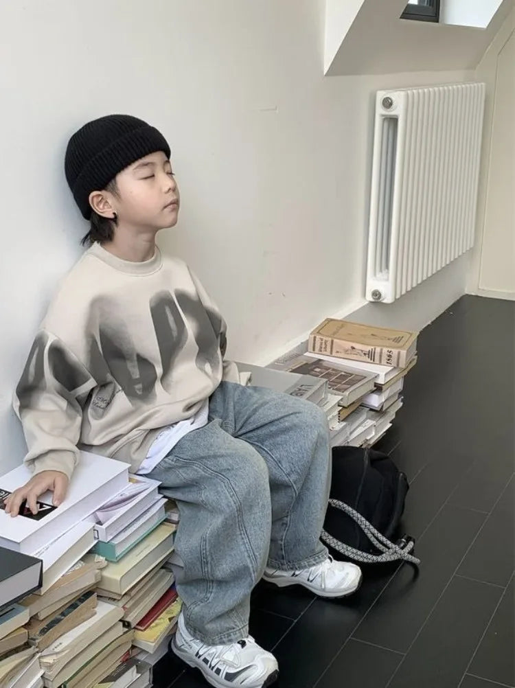 Boys' Medium To Large 2025 New Arrival No Hood Crewneck Spring/Autumn Trendy Street Style Kids Sweatshirt