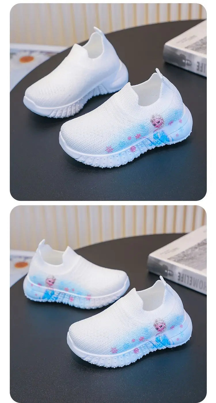 Disney Solid White Fashion Knitting Frozen Princess Elsa Children Casual Shoes Kids' Light Breathable Stretch Socks Sneakers Siz
