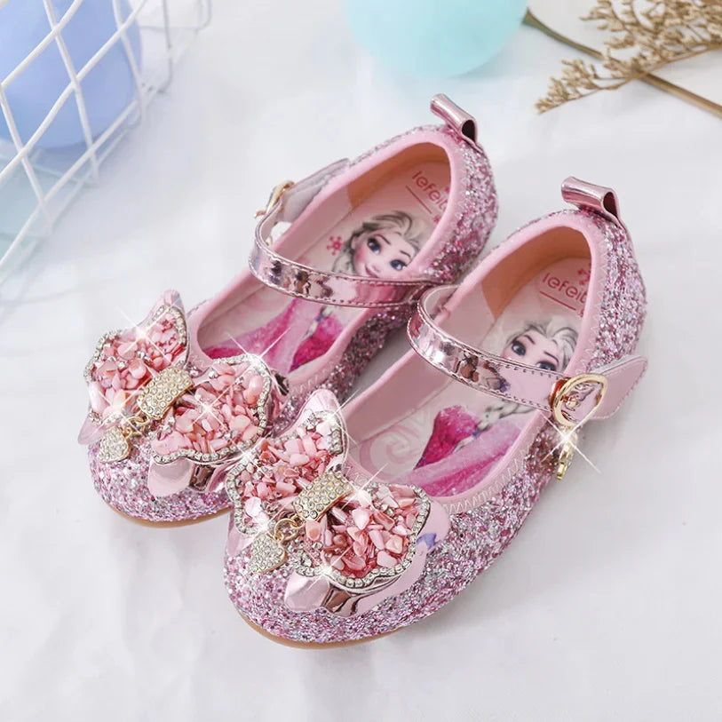 Disney Girls Princess Shoes Soft Sole Little Girl Frozen Children Crystal Casual Shoes Flat Leather Show Dance Shoes Size 22-36
