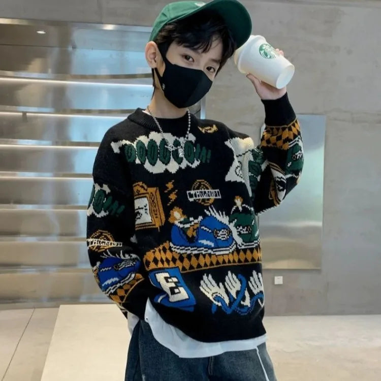 2025 New Boys' Autumn/Winter Fleece-Lined Thickened Pullover Knit Sweater - Warm Base Layer for Kids, Trendy & Cozy Design