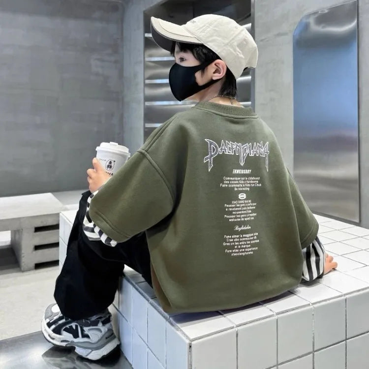 Boys' Medium-Large 2025 New Arrival No Hood Long Sleeve Fake Two-Piece Loose Fit Stylish Sweatshirt for Spring