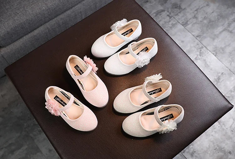 Korean Style Fashion Kids Beaded Little Flowers Leather Shoes Girls Princess Shoes Children Crystal Soft Bottom Dancing Shoes