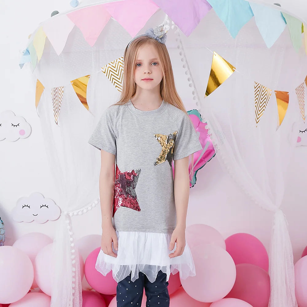 VIKITA Girls Star Sequined Appliqued O Neck Short Sleeve T Shirts Kids Summer Cotton Casual Daily Fashion Tees Tops Wear Clothes