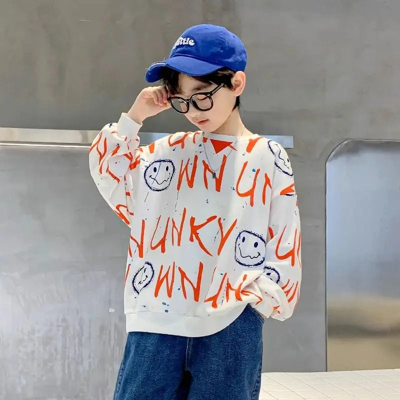Boys' Medium-Large 2025 New Spring/Autumn No Hood Sassy Street-Style Long Sleeve Layering Top Sweatshirt