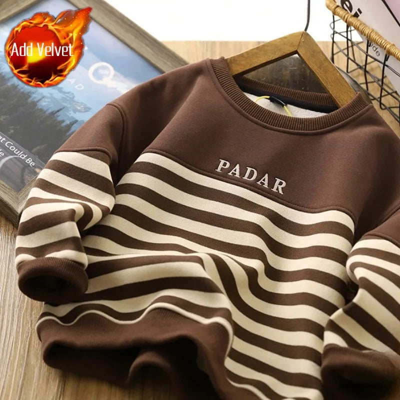 Boys' 2025 New Arrival No Hood Double Fleece-Lined Thickened Striped Crewneck Sweatshirt Autumn/Winter Trendy
