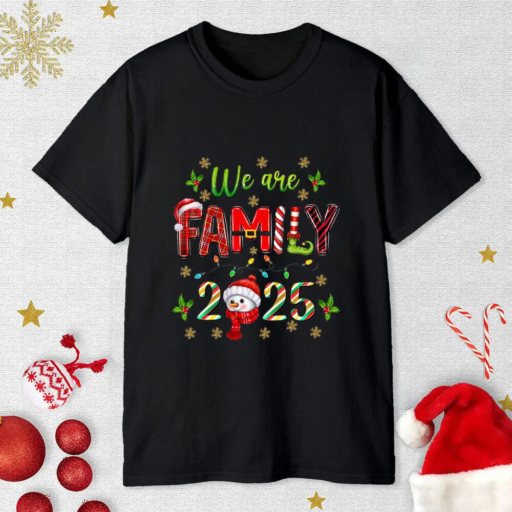 Family Christmas 2025 Matching Clothes Mom Dad Kids T-shirt Infant Baby Romper Deer Face Print Children Tees Xmas Gift for Party