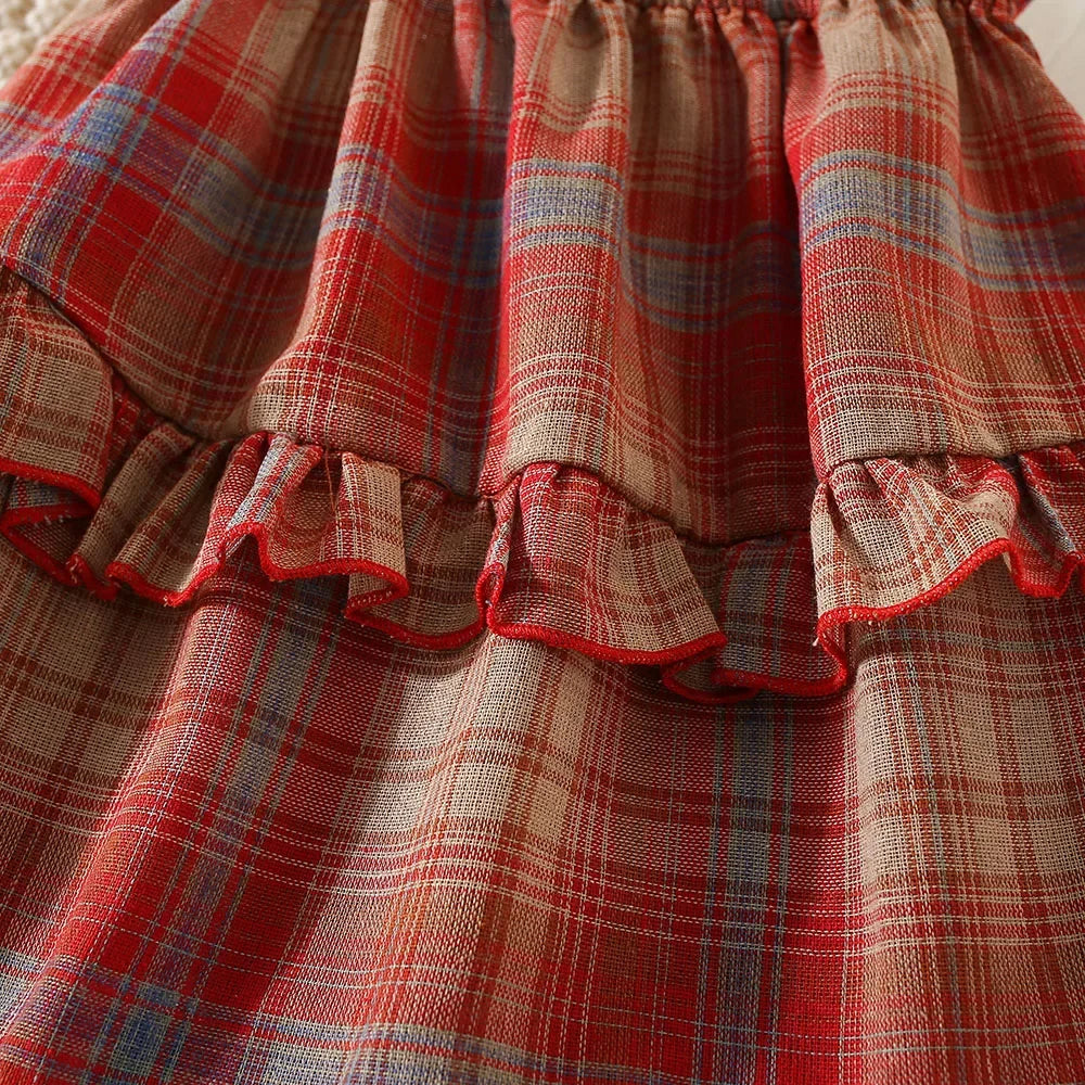 2Pcs/SetGirl's Dress Summer New Children's French Sweet Sling Dress Little Girl Red Checkered Cake Dress Comes with Hat