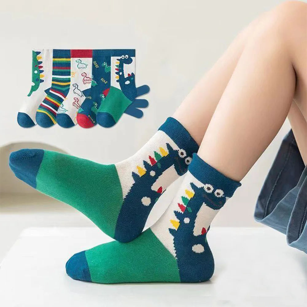 ‌Boys Girls Cartoon Dinosaur Mid-Crew Socks Soft Breathable Sport Striped Cotton Socks for Children Athletic Casual Outfit