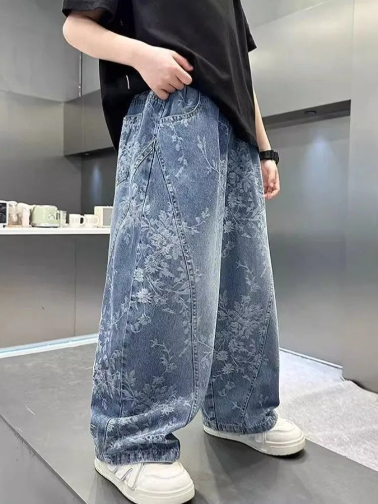 Kids' Casual Wide-Leg Jeans with Jacquard Print - Boys & Girls Big Kids Comfort Fit Spring Autumn Pants