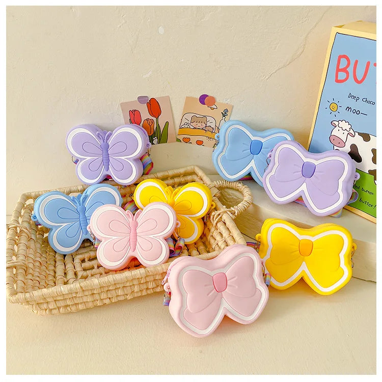 Lovely Bow Children's Silicone Shoulder Bags Cute Butterfly Shape Baby Girls Crossbody Bag Candy Color Kids Small Coin Purse